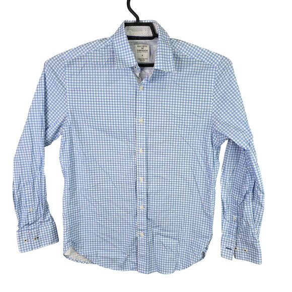 Mens Society Of Threads Blue White Gingham Shirt Slim Fit Button Down Stretch S - Picture 1 of 7